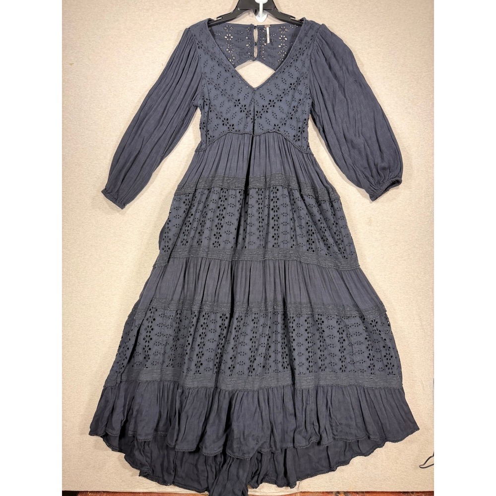 Free People Eyelet Maxi Dress Women Small Grey Excellent Boho High Low Lace Back